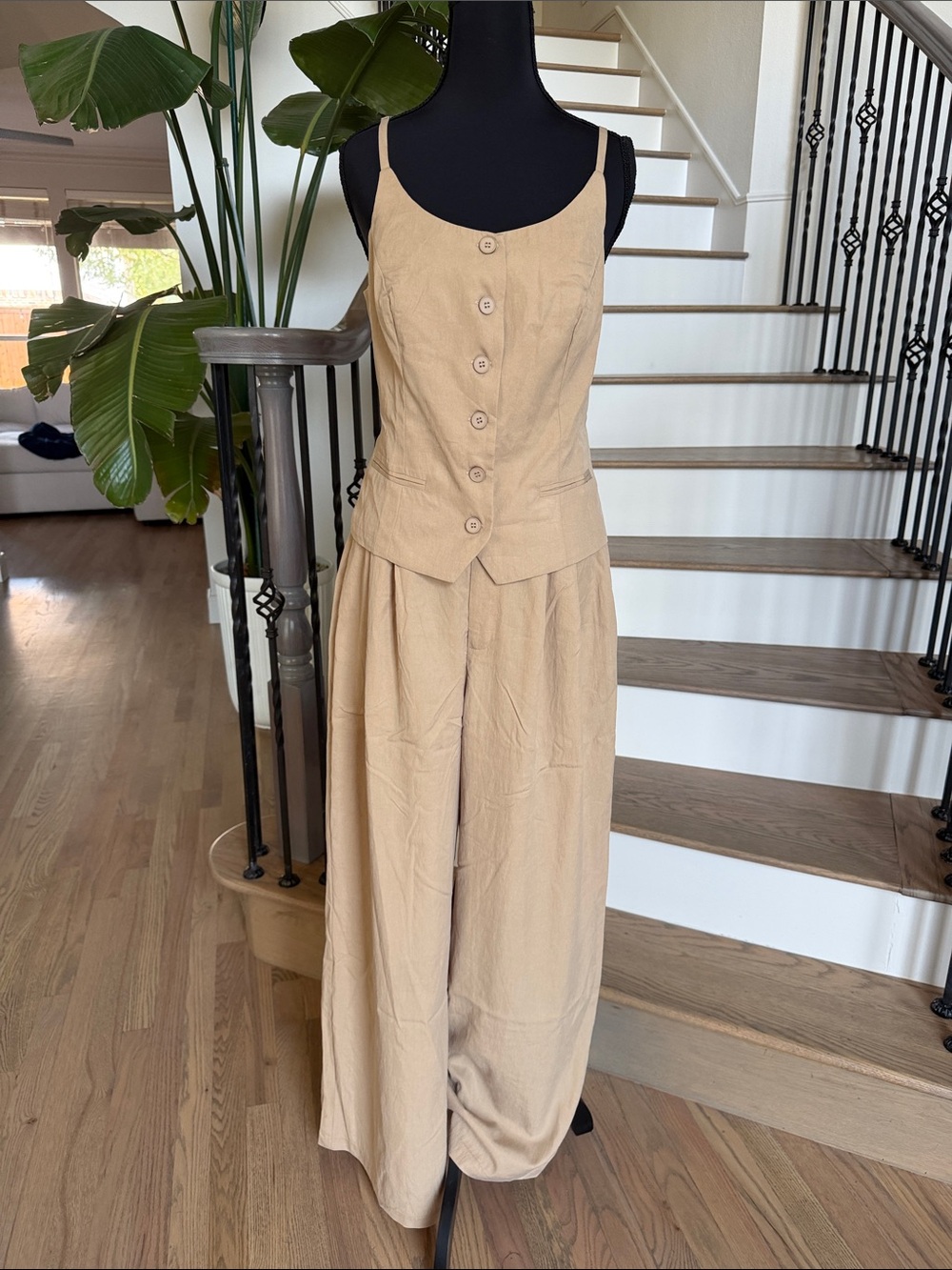 NWT Mable Beige Wide-Leg Pant Set with Button-Front Top (Medium) - Picture 1 of 10